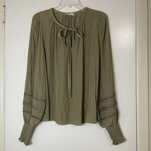 Ramy Brook olive green long sleeve tie neck blouse top medium